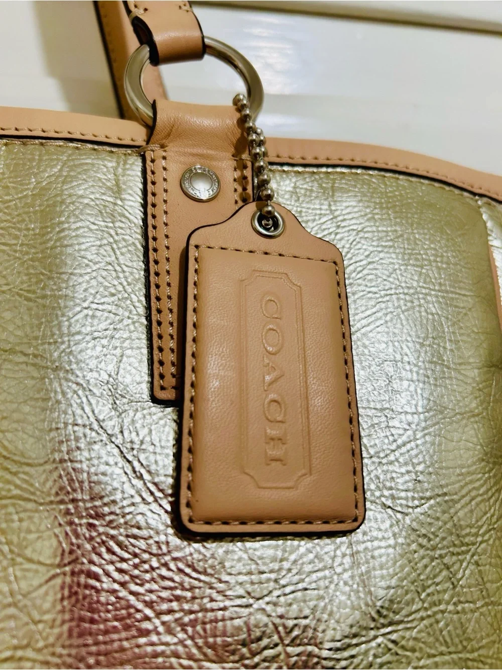 Coach Metro XL Gold Metallic Tote With Tan Trim